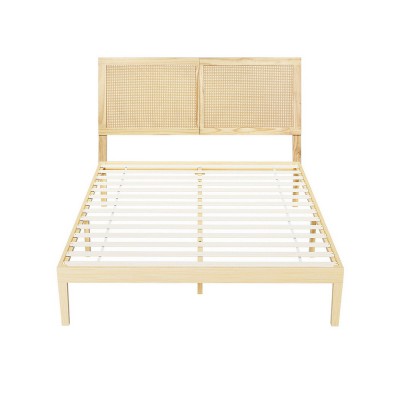 Artiss BRUNO Double Size Wooden Bed Frame with Rattan Headboard, Solid Pine, Strong Slats, 300kg Capacity Artiss BRUNO Double Size Wooden Bed Frame with Rattan Headboard, Solid Pine, Strong Slats, 300kg Capacity