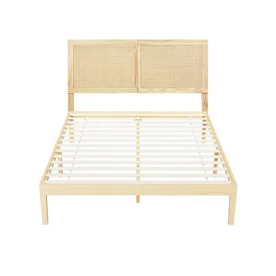 Artiss BRUNO Double Size Wooden Bed Frame with Rattan Headboard, Solid Pine, Strong Slats, 300kg Capacity