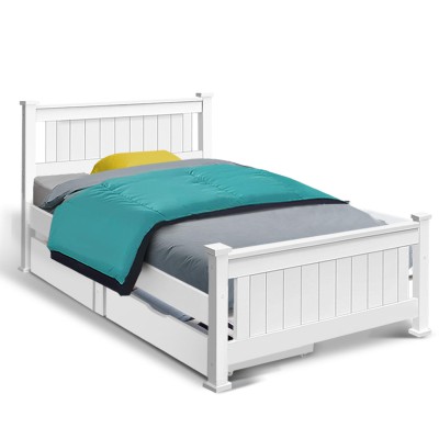 Artiss Rio Single Bed Frame with 2 Drawers, Pine Wood, White Finish, Strong Timber Slats, Eco-Friendly Paint