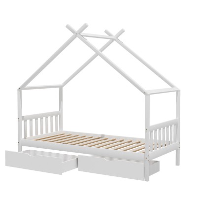 Artiss Kids Single House Bed Frame White, Solid Pine Wood, Timber Slats, 2 Storage Drawers, Montessori Design Artiss Kids Single House Bed Frame White, Solid Pine Wood, Timber Slats, 2 Storage Drawers, Montessori Design