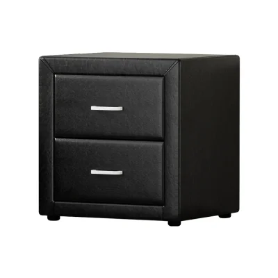 Artiss CADEN Black Bedside Table, 2 Drawers, PVC Leather, 48x40x50cm, Modern MDF Frame, Aluminium Handles, Easy Assembly