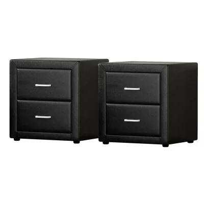 Artiss CADEN Black Bedside Table Set of 2 - Modern PVC Leather, 2 Drawers, MDF Frame, 48.5x40x50cm, Stylish Aluminium