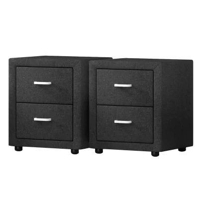 Artiss CADEN Charcoal Bedside Table Set of 2 - Modern Faux Linen, 2 Drawers, 46x40x50cm, MDF Frame, Aluminium Handles