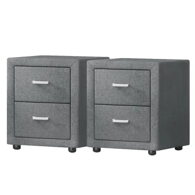 Artiss Caden Grey Bedside Table Set of 2 with Fabric, 2 Drawers, MDF Frame, 46x40x50cm - Modern Bedroom Side Table