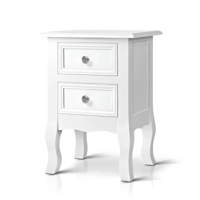 Artiss Bedside Table with 2 Drawers, MDF & Paulownia Wood, 35x30x50cm, White - French Style, Eco-Friendly, Easy Assembly