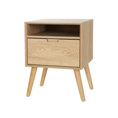 Artiss Bedside Table MDF & Ash Wood Pine 43x41x58cm - Nightstand with Drawer, Open Shelf, Anti-Slip Pads