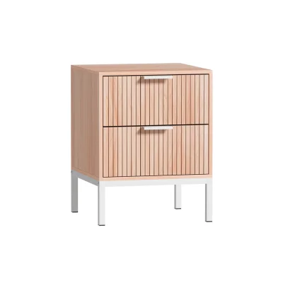 Artiss Lura Bedside Table - Pine & White Nightstand with Fluted Front, Metal Legs, 2 Drawers, 40x40x52cm, Easy Assembly