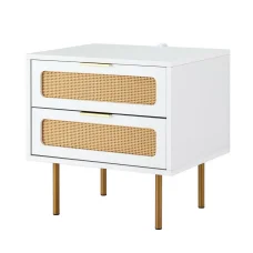 Artiss Rattan Bedside Table 2 Drawers White and Pine, 48x40x50cm, Metal Legs, Particle Board, Modern Nightstand