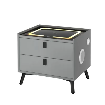 Artiss Smart Bedside Table, PU Leather, 50x40x44cm, Grey, Wireless Charging, Bluetooth Speaker, LED Lights, Storage