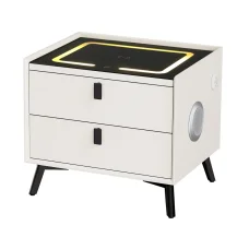 Artiss AIKA Smart Bedside Table 2 Drawers, Wireless Charging, Bluetooth Speaker, LED, Metal Legs, White 50x40x45cm
