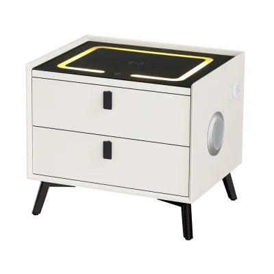 Artiss AIKA Smart Bedside Table 2 Drawers, Wireless Charging, Bluetooth Speaker, LED, Metal Legs, White 50x40x45cm