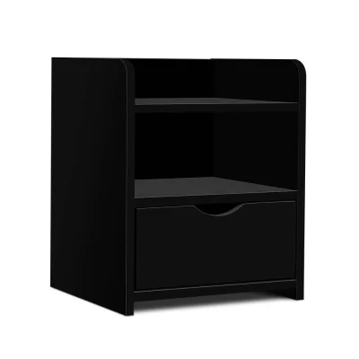 Artiss FARA Black Bedside Table with Drawer & Shelf - Durable 15mm LDF Board, Solid Build, 37x34x45cm, Easy to Clean