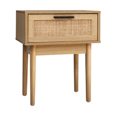 Artiss Bedside Table, Rattan Drawer, Particle Board, Wood Finish, 40x30x50cm, Modern Nightstand with Storage