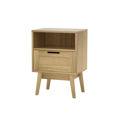 Artiss Rattan Bedside Table with 1 Drawer & Shelf - REI Oak, 54cm High, Real Rattan, Solid Wood Legs, Easy Assembly