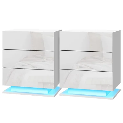 Artiss 2x LED Bedside Tables - 3 Drawers, 16 Colours, High-Gloss UV Finish, Modern White Design, 53x35x60cm,
