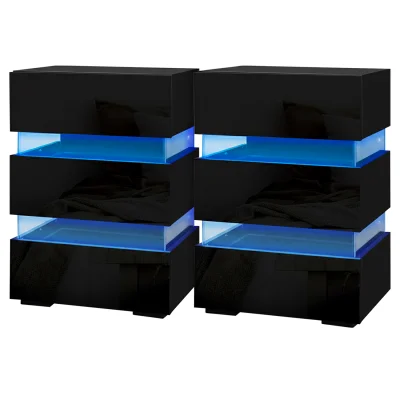 Artiss LUMI Black LED Bedside Tables 2x - 3 Drawers, 16 Colours, Particle Board & Acrylic Glass, 45x35x67cm,