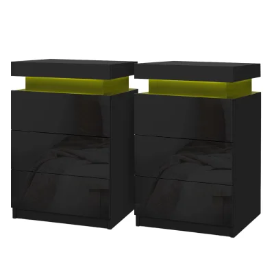 Artiss 2X Black LED Bedside Table with 3 Drawers, Lift-Up Storage, High-Gloss Finish, Customised 16-Colour Lighting