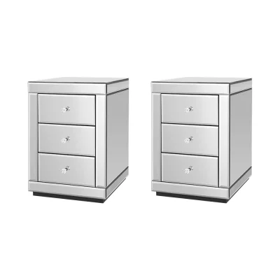 Artiss Presia Set of 2 Bedside Tables, 3 Drawers, Mirrored Glass, Silver, 40x40x58cm, Elegant Storage with Crystal Knobs