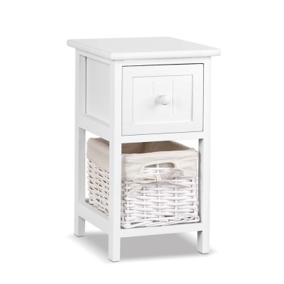 Artiss Claire Bedside Table Set of 2, 1 Drawer with Wicker Basket, Rustic White, Paulownia Wood, 25x30x45cm