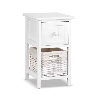 Artiss Claire Bedside Table Set of 2, 1 Drawer with Wicker Basket, Rustic White, Paulownia Wood, 25x30x45cm
