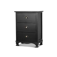 Artiss Vintage Black Bedside Table 3 Drawers - Solid Paulownia Wood, Curved Accents, Anti-Slip, No Assembly Needed