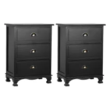 Artiss 2x Bedside Table 3 Drawers Vintage Black, Solid Paulownia Wood, 45x30x62.5cm, Fully Assembled, Retro