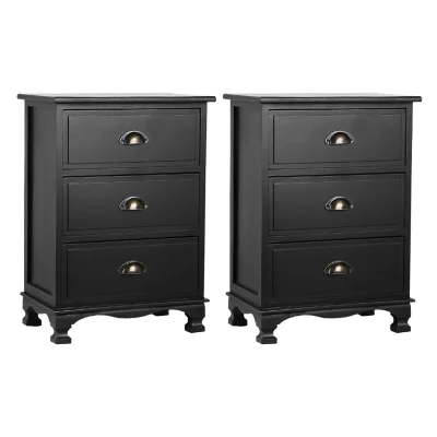 Artiss 2x Bedside Table 3 Drawers Vintage Black, Solid Paulownia Wood, 45x30x62.5cm, Fully Assembled, Retro