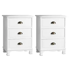 Artiss 2x Bedside Table 3 Drawers Vintage White, Solid Paulownia Wood, 45x30x62.5cm, No Assembly, Wall Mount