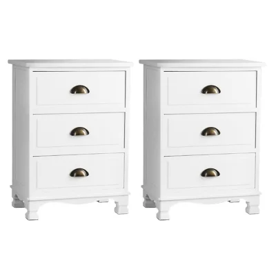 Artiss 2x Bedside Table 3 Drawers Vintage White, Solid Paulownia Wood, 45x30x62.5cm, No Assembly, Wall Mount