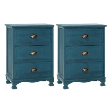 Artiss 2x Bedside Table 3 Drawers Vintage Blue, Solid Paulownia Wood, 45x30x62.5cm, Metal Handles, Pre-Asse