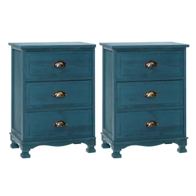 Artiss 2x Bedside Table 3 Drawers Vintage Blue, Solid Paulownia Wood, 45x30x62.5cm, Metal Handles, Pre-Asse