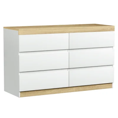 Artiss 6 Drawer Chest of Drawers, White and Oak, 110cm Tallboy Storage Cabinet, Particle Board, Bedroom Dresser