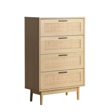Artiss BRIONY Rattan 4-Drawer Tallboy Pine - Stylish Bohemian Storage Solution with Solid Wood Legs, Easy Assembly
