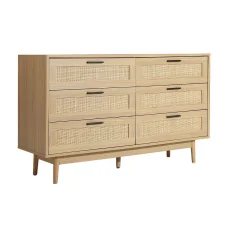 Artiss 6 Chest of Drawers BRIONY Oak Rattan Lowboy, Real Rattan, Solid Wood Legs, 120cm, Coastal Boho Bedroom Storage