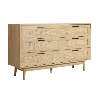 Artiss 6 Chest of Drawers BRIONY Oak Rattan Lowboy, Real Rattan, Solid Wood Legs, 120cm, Coastal Boho Bedroom Storage Artiss 6 Chest of Drawers BRIONY Oak Rattan Lowboy, Real Rattan, Solid Wood Legs, 120cm, Coastal Boho Bedroom Storage