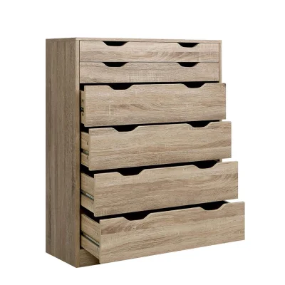 Artiss 6-Drawer Tallboy, E1 Particleboard, Oak Finish, 80x38x105.5cm, Scandinavian Design, Anti-Rust Runners