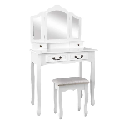 Artiss Dressing Table Stool Set, Hardwood & MDF, White, 79x40x138cm, Foldable Mirror, Elegant Provincial Style