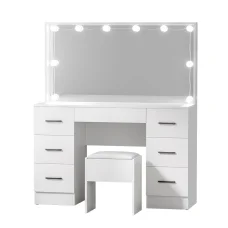 Artiss Debbie Dressing Table Set with LED Mirror, 7 Drawers, PU Leather Stool, 15mm MDF, 118cm Wide, White Finish