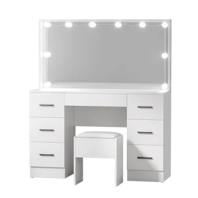 Artiss Debbie Dressing Table Set with LED Mirror, 7 Drawers, PU Leather Stool, 15mm MDF, 118cm Wide, White Finish Artiss Debbie Dressing Table Set with LED Mirror, 7 Drawers, PU Leather Stool, 15mm MDF, 118cm Wide, White Finish