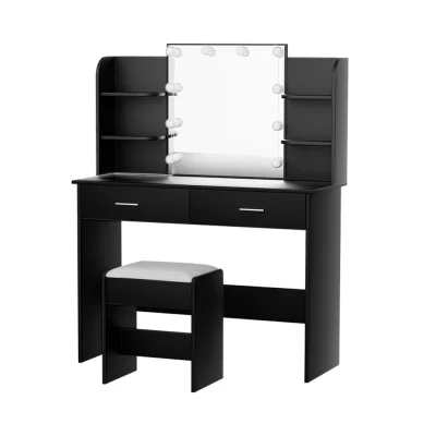 Artiss Dulcea Dressing Table Set with LED Mirror, Stool, MDF Build, 2 Drawers, Anti-Rust Runners, Black, 108x40x135cm