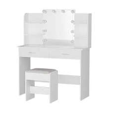 Artiss Dulcea White Dressing Table Set with 10 LED Bulbs, Storage Drawers, and PU Leather Stool – 108cm x 40cm x 135cm
