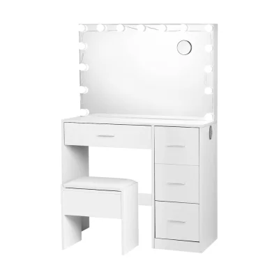 Artiss Darcy White Dressing Table Set with Stool, 15 LED Bulbs, 4 Drawers, Premium MDF, 89x40x136cm, Hollywood Mirror