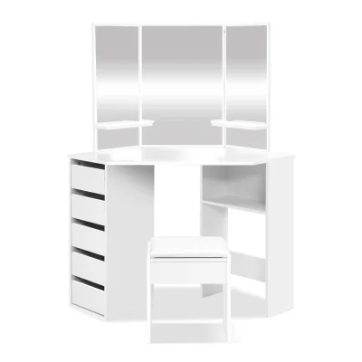 Artiss White Corner Dressing Table Set: 5 Drawers, 3 Shelves, Mirror & Padded Stool for Stylish Organisation