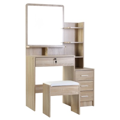 Artiss Oak Dressing Table Set with Mirror & Stool - 4 Drawers, Lockable Storage & Display Shelves for Bedroom