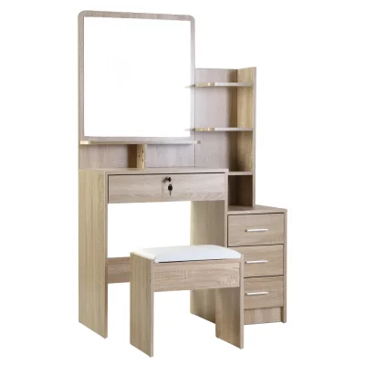 Artiss Oak Dressing Table Set with Mirror & Stool - 4 Drawers, Lockable Storage & Display Shelves for Bedroom