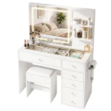Artiss LED Vanity Desk Set: White Dressing Table w/ Hollywood Mirror, 5 Drawers, Glass Top, Charging Station, Stool