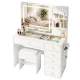 Artiss LED Vanity Desk Set: White Dressing Table w/ Hollywood Mirror, 5 Drawers, Glass Top, Charging Station, Stool