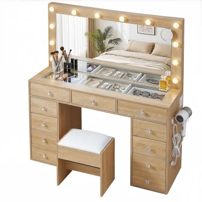 Artiss Dressing Table Vanity Desk Set - 120cm Wood with LED Mirror, 11 Drawers, Stool, Charging Station & Glass Top