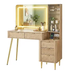 Artiss Wood LED Vanity Desk with Mirror, Charging Station, Drawers, and Shelves - 121x40x136cm