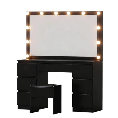 Artiss Black LED Vanity Set with Mirror & Stool, 12 Bulbs, 7 Drawers, USB Powered, 118cm x 39cm x 143cm, PU Artiss Black LED Vanity Set with Mirror & Stool, 12 Bulbs, 7 Drawers, USB Powered, 118cm x 39cm x 143cm, PU